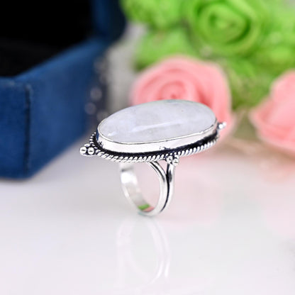 Moonstone Ring for Women, Sterling Silver Ring, Boho Ring, Natural Large Big Blue Stone Ring, Statement Ring