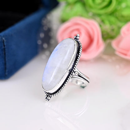 Moonstone Ring for Women, Sterling Silver Ring, Boho Ring, Natural Large Big Blue Stone Ring, Statement Ring