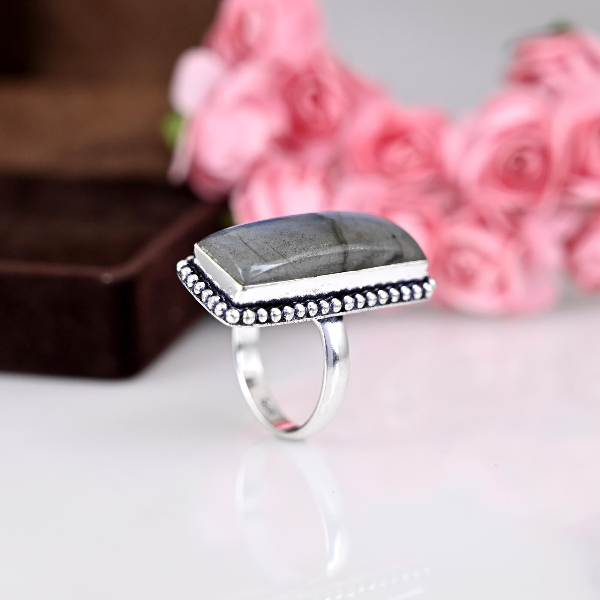 Big Labradorite Ring, Silver Ring, Gemstone Ring, Statement Ring, Big Blue Ring, Bridal Ring, Natural Labradorite Jewelry,  Gift For Mom