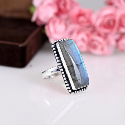 Big Labradorite Ring, Silver Ring, Gemstone Ring, Statement Ring, Big Blue Ring, Bridal Ring, Natural Labradorite Jewelry,  Gift For Mom