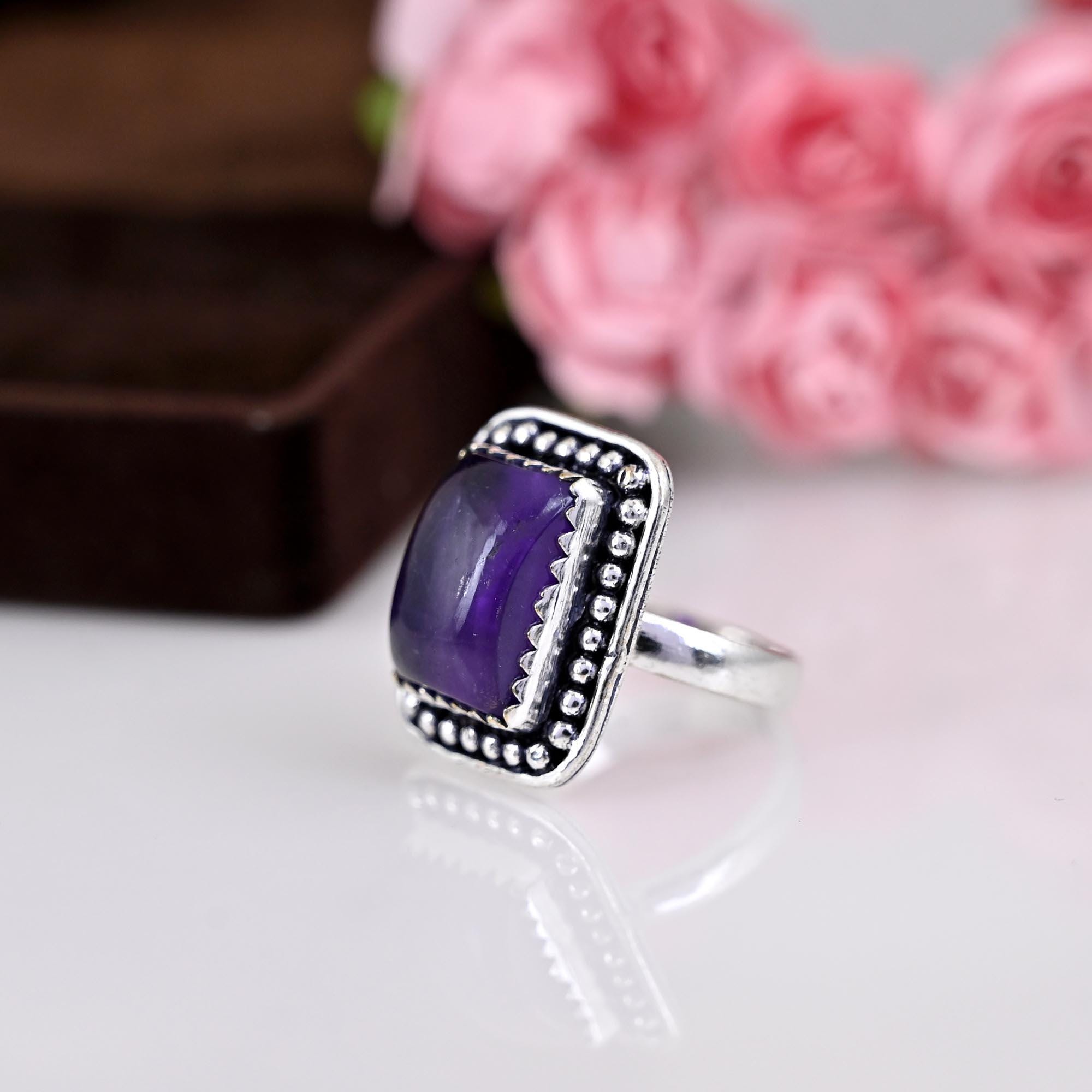 Large Amethyst and Mother, Boho Silver Ring, Natural Amethyst Sterling Silver Ring, Gift for Her, Birthstone Ring, Anniversary Gift,