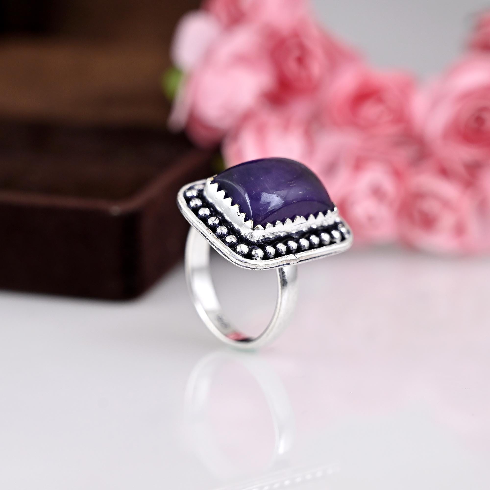 Large Amethyst and Mother, Boho Silver Ring, Natural Amethyst Sterling Silver Ring, Gift for Her, Birthstone Ring, Anniversary Gift,