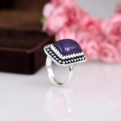 Large Amethyst and Mother, Boho Silver Ring, Natural Amethyst Sterling Silver Ring, Gift for Her, Birthstone Ring, Anniversary Gift,