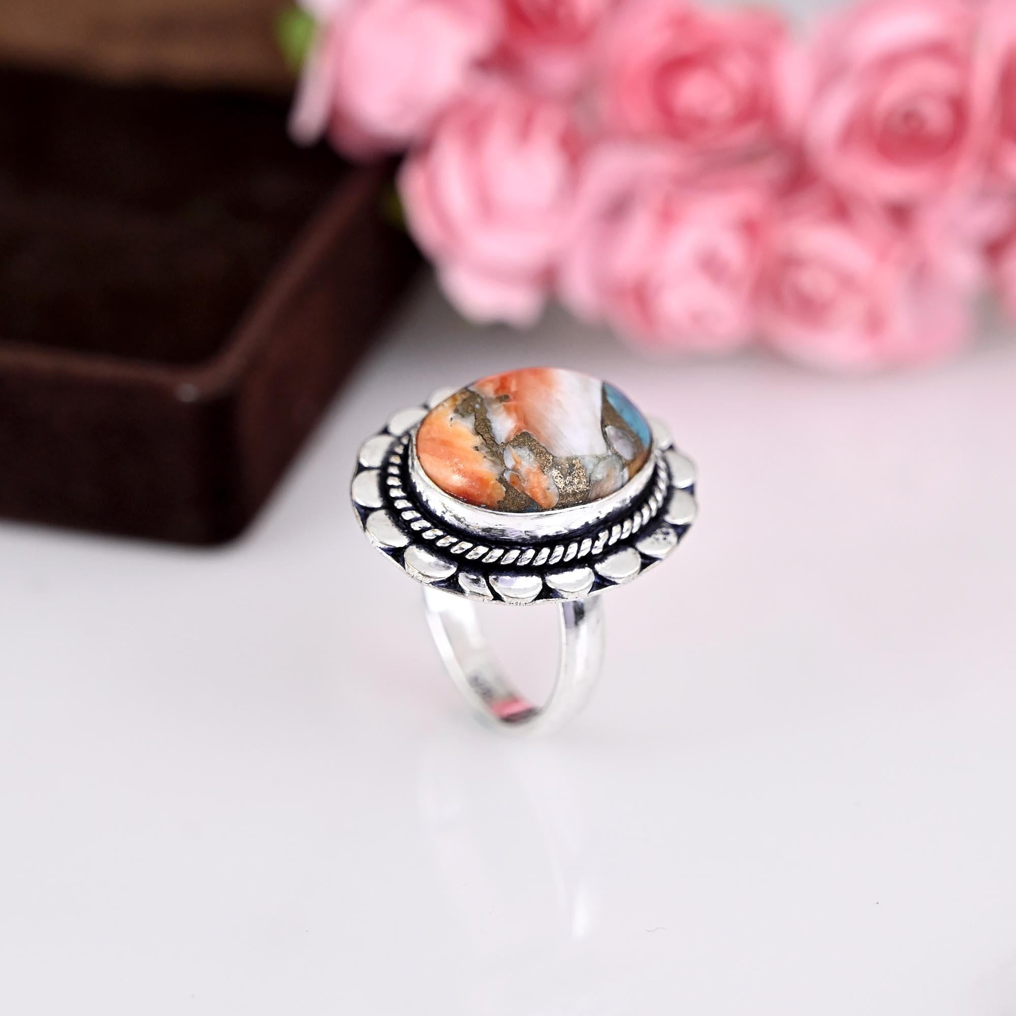 Oyster Copper Turquoise Ring for Women, Sterling Silver Ring, Boho Jewelry, Oval Stone Ring, Statement Ring Delicate Ring, Gift For Her,