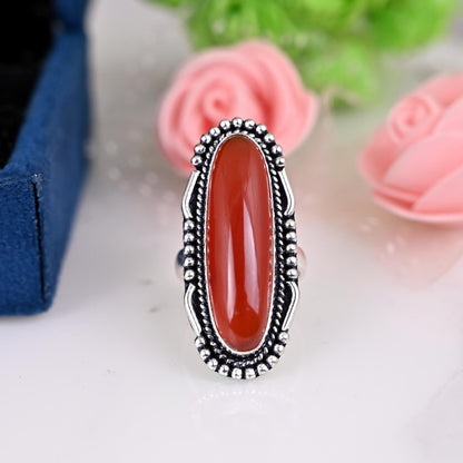 Big Carnelian Gemstone Statement Ring for Women, Silver Oval Carnelian Boho Ring Gift, Birthday, Anniversary, Promise Ring Gift for Her.