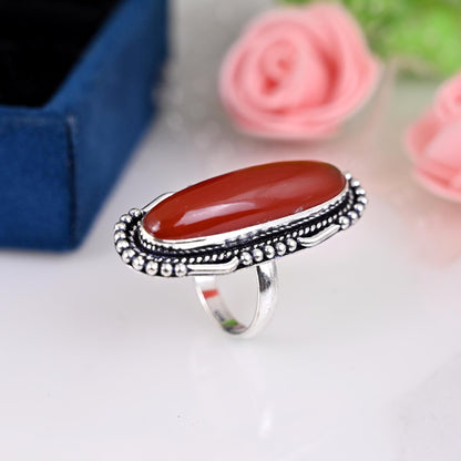 Big Carnelian Gemstone Statement Ring for Women, Silver Oval Carnelian Boho Ring Gift, Birthday, Anniversary, Promise Ring Gift for Her.