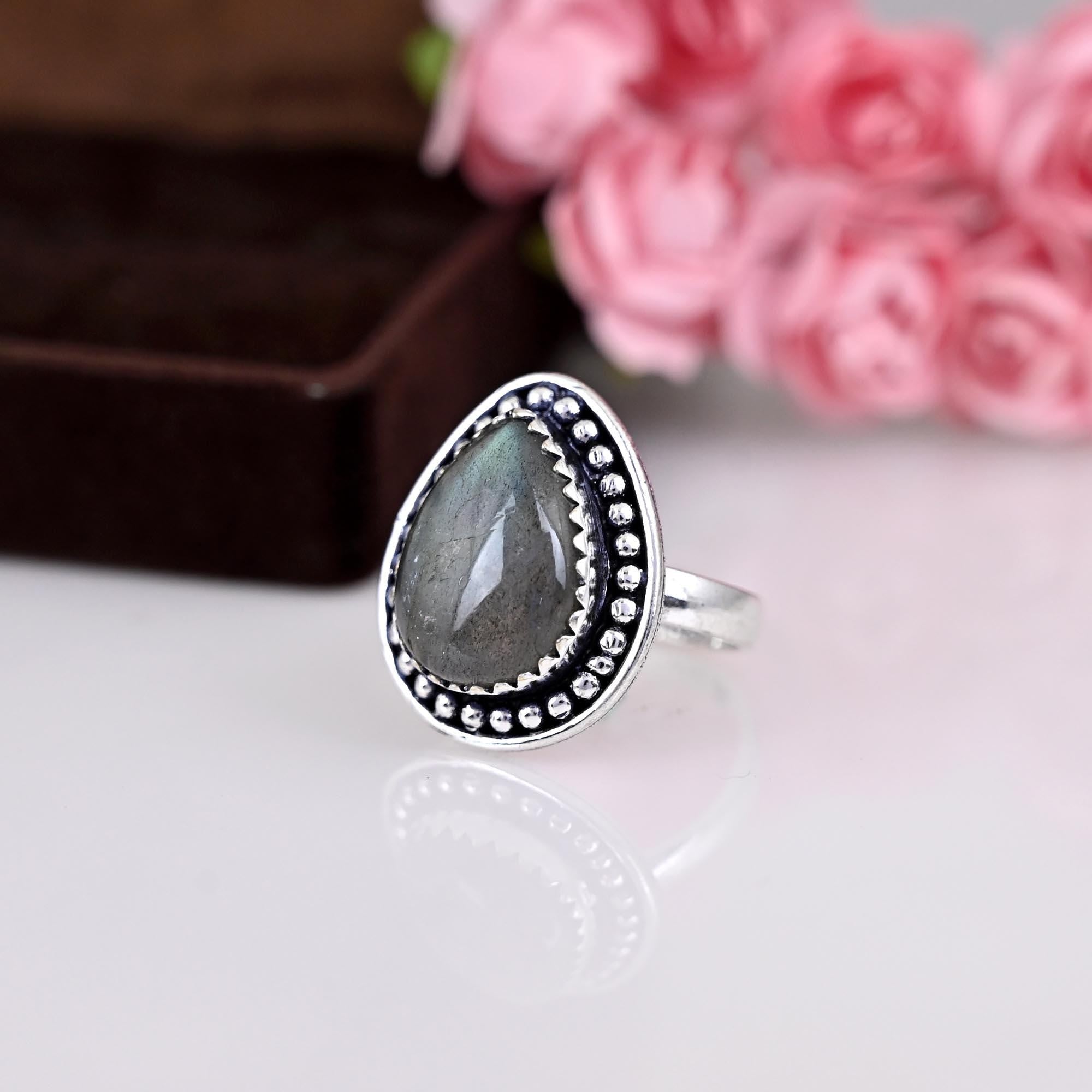 Big Teardrop Labradorite Ring Sterling Silver Ring, Genuine Blue Labradorite Ring, Pear Labradorite Gemstone, Gift For Her, Boho Ring