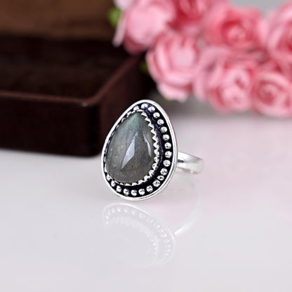 Big Teardrop Labradorite Ring Sterling Silver Ring, Genuine Blue Labradorite Ring, Pear Labradorite Gemstone, Gift For Her, Boho Ring