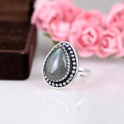 Big Teardrop Labradorite Ring Sterling Silver Ring, Genuine Blue Labradorite Ring, Pear Labradorite Gemstone, Gift For Her, Boho Ring