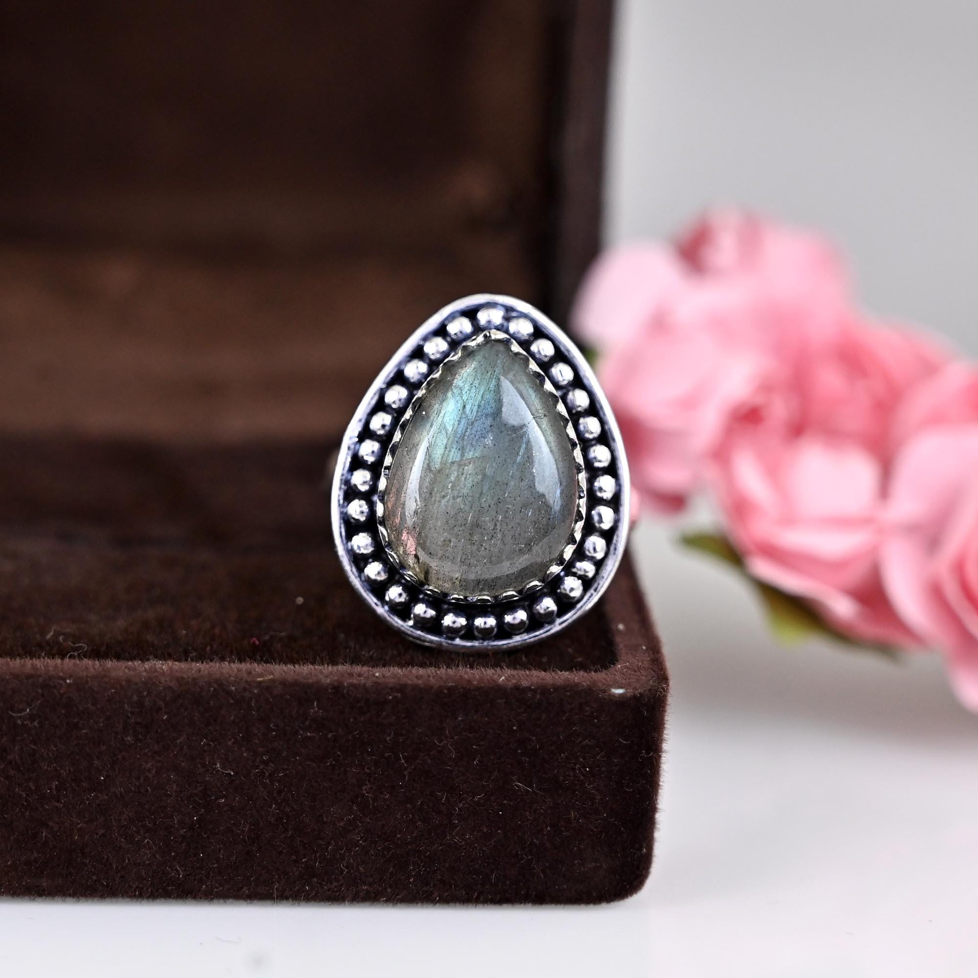Big Teardrop Labradorite Ring Sterling Silver Ring, Genuine Blue Labradorite Ring, Pear Labradorite Gemstone, Gift For Her, Boho Ring
