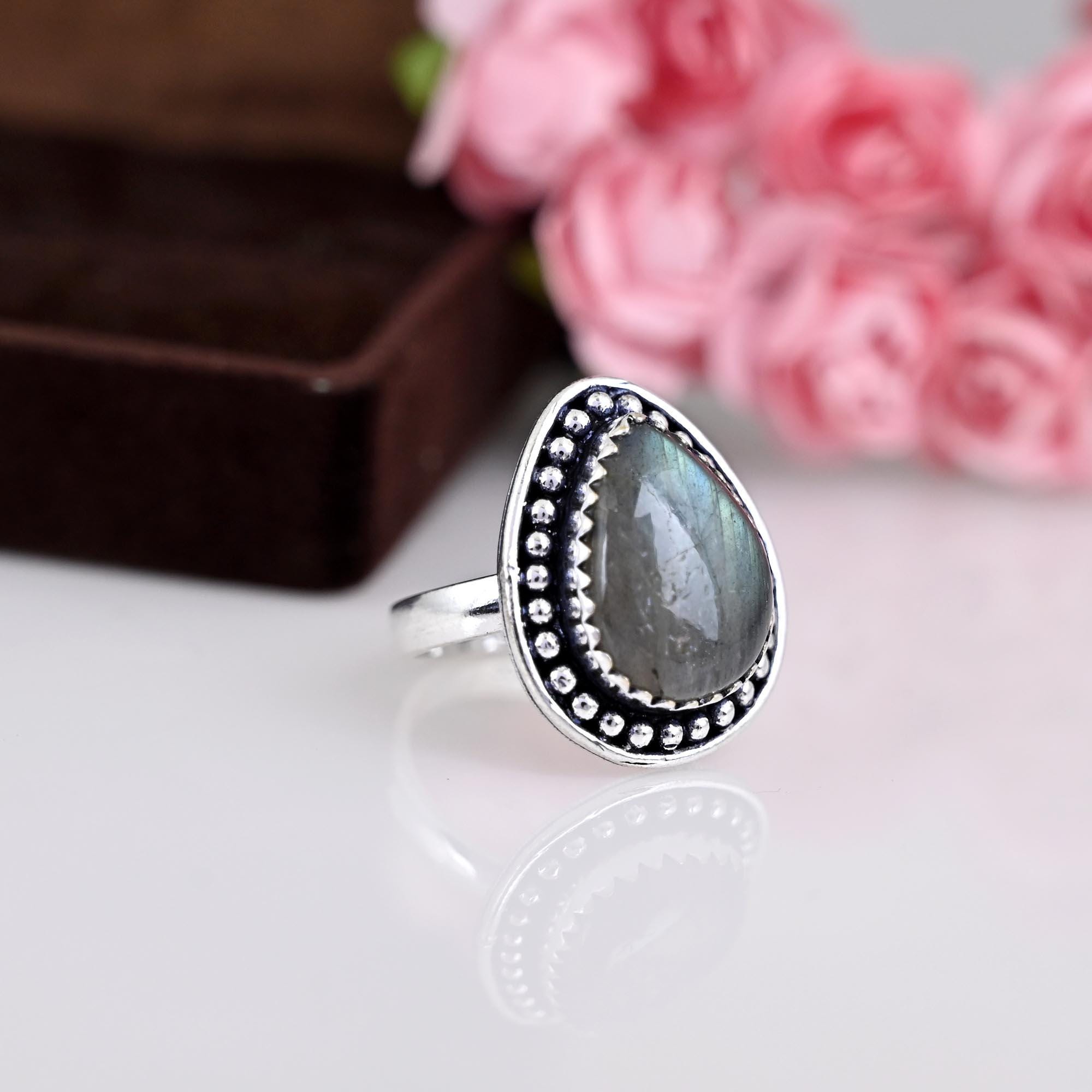Big Teardrop Labradorite Ring Sterling Silver Ring, Genuine Blue Labradorite Ring, Pear Labradorite Gemstone, Gift For Her, Boho Ring