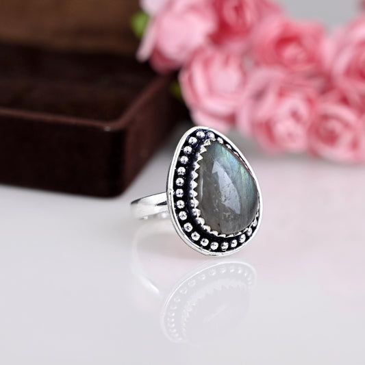 Big Teardrop Labradorite Ring Sterling Silver Ring, Genuine Blue Labradorite Ring, Pear Labradorite Gemstone, Gift For Her, Boho Ring